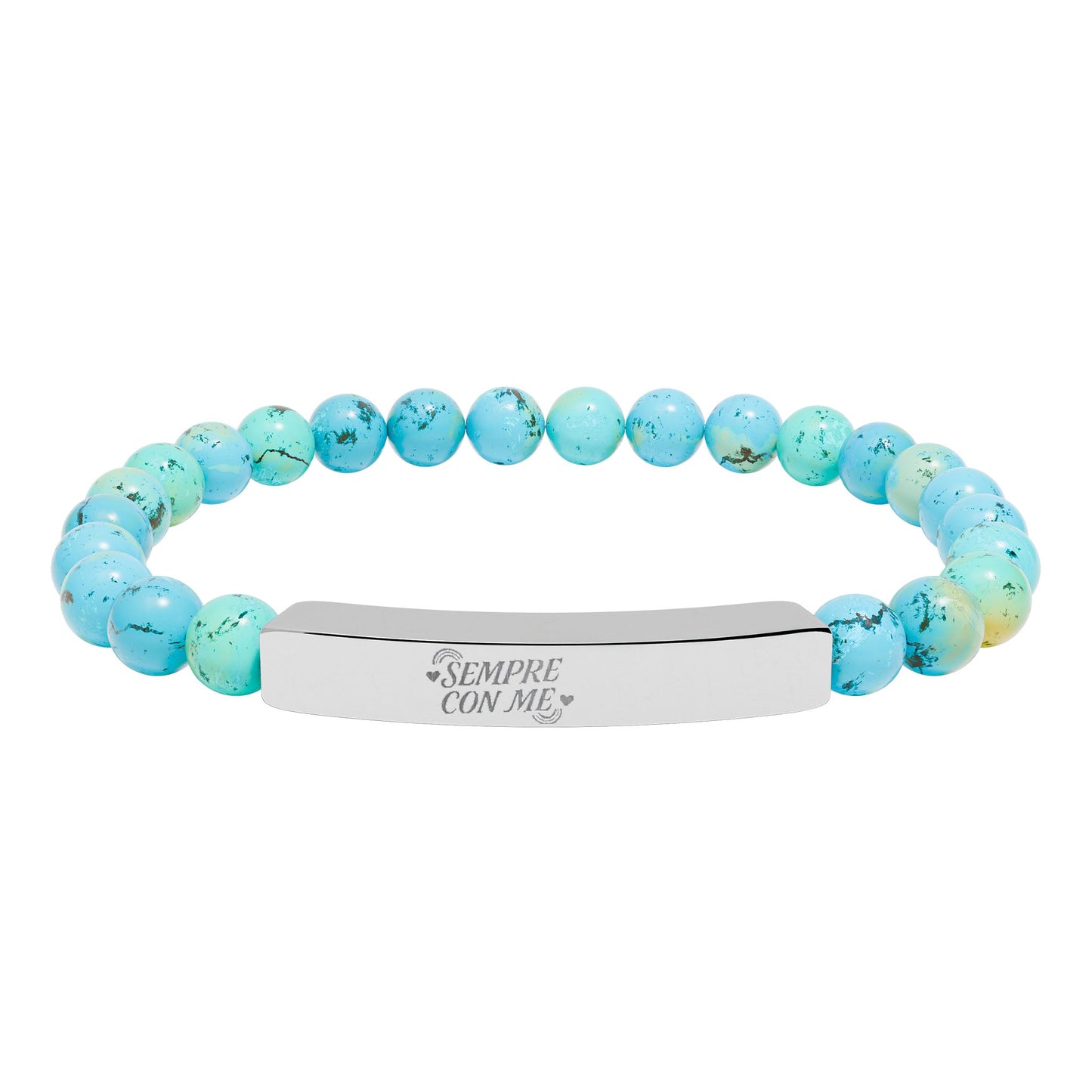 BRACCIALETTO UNISEX ACCIAIO INCISIONE "SEMPRE CON ME" Engraved Natural Stone Stretch Bracelet for Mindfulness