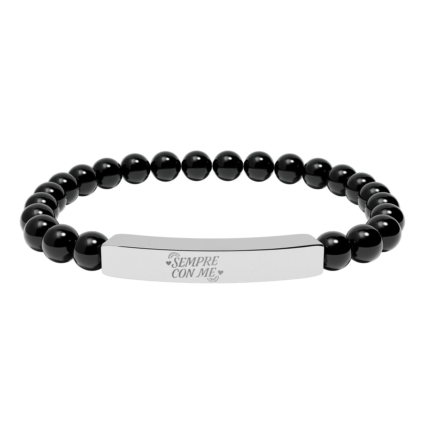 BRACCIALETTO UNISEX ACCIAIO INCISIONE "SEMPRE CON ME" Engraved Natural Stone Stretch Bracelet for Mindfulness