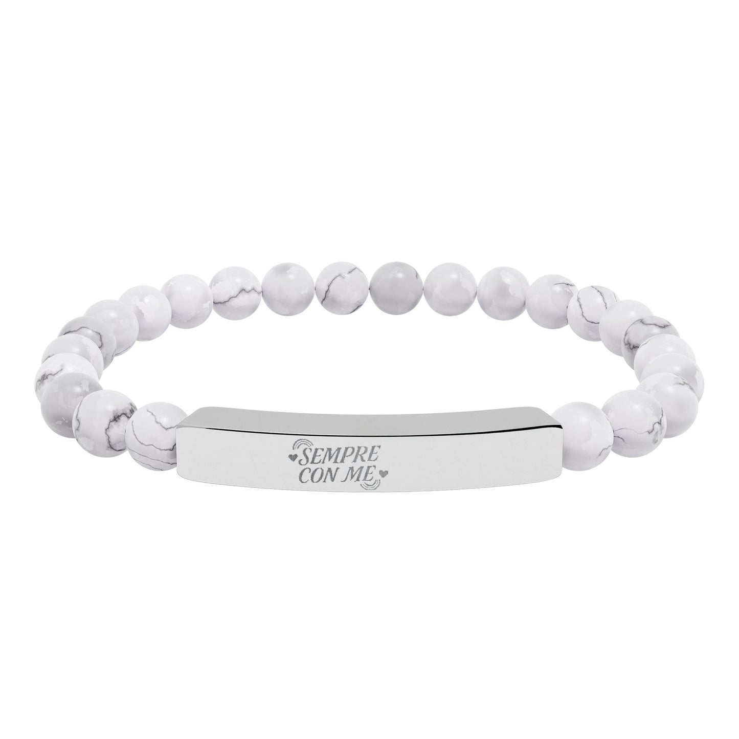 BRACCIALETTO UNISEX ACCIAIO INCISIONE "SEMPRE CON ME" Engraved Natural Stone Stretch Bracelet for Mindfulness