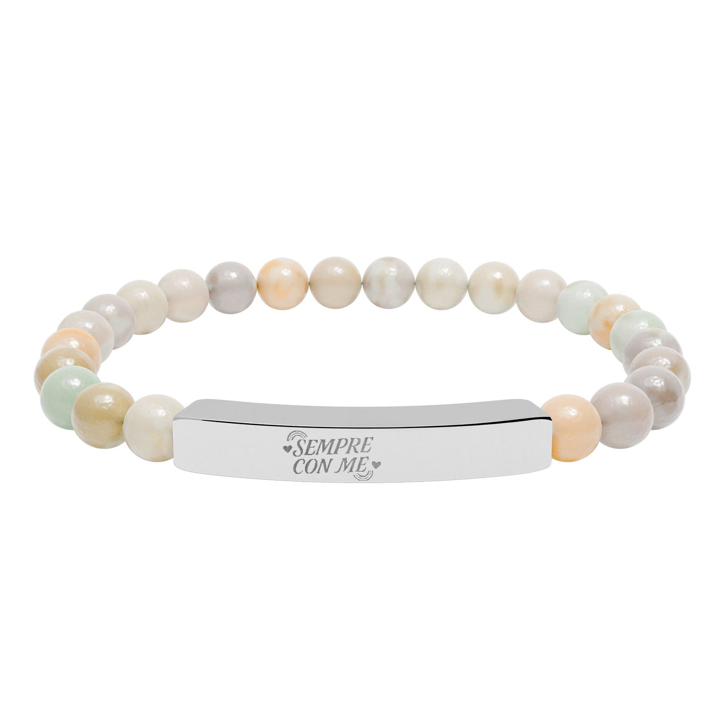 BRACCIALETTO UNISEX ACCIAIO INCISIONE "SEMPRE CON ME" Engraved Natural Stone Stretch Bracelet for Mindfulness