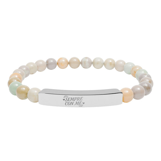BRACCIALETTO UNISEX ACCIAIO INCISIONE "SEMPRE CON ME" Engraved Natural Stone Stretch Bracelet for Mindfulness