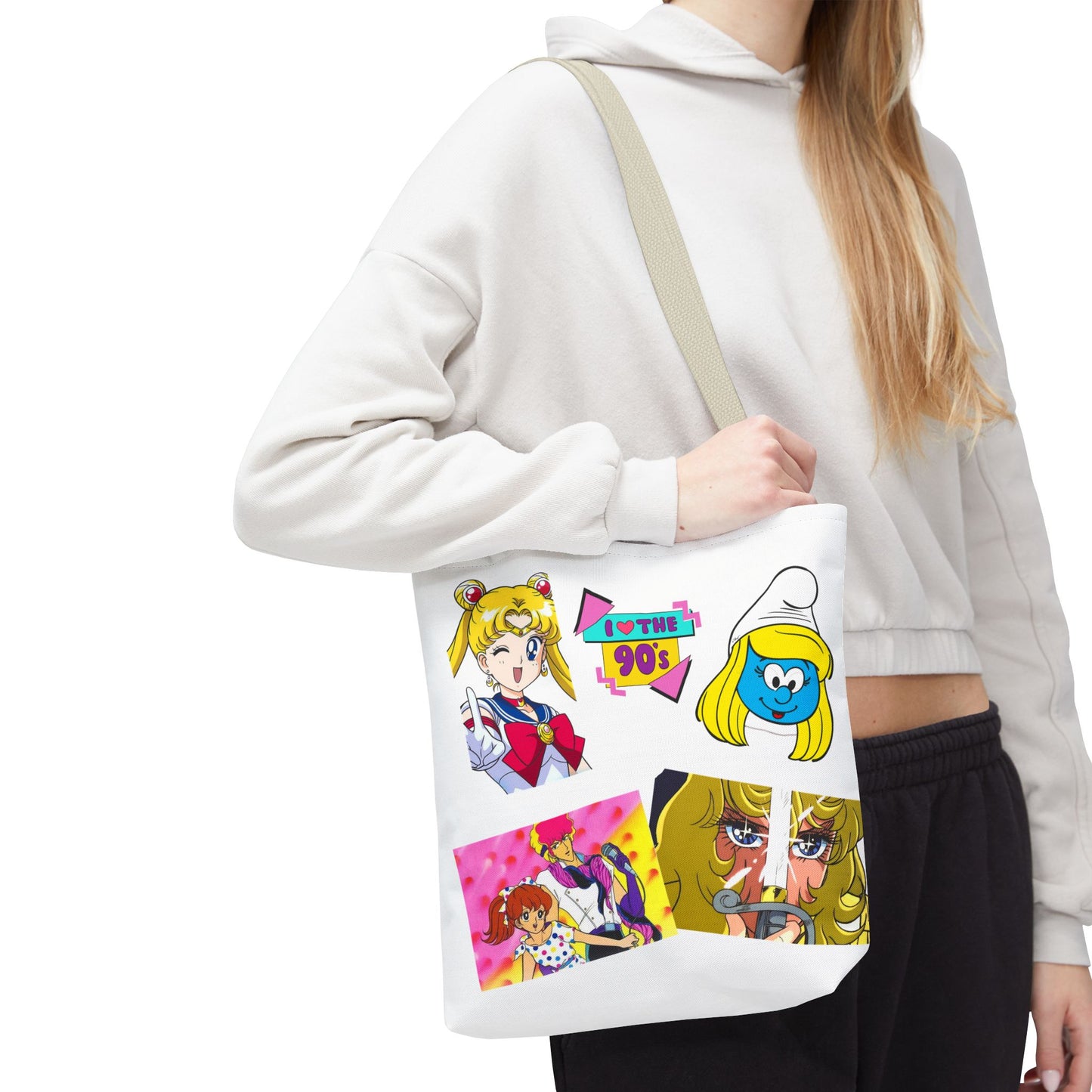 Borsa Tote 90s Anime Collage Tote Bag — Retro Sailor Moon & Cartoon Mashup AOP