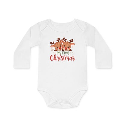 Body biologico a maniche lunghe per neonati, tutina con renna natalizia, grazioso completino per le feste per neonati, abbigliamento biologico per neonati, perfetto per neonati