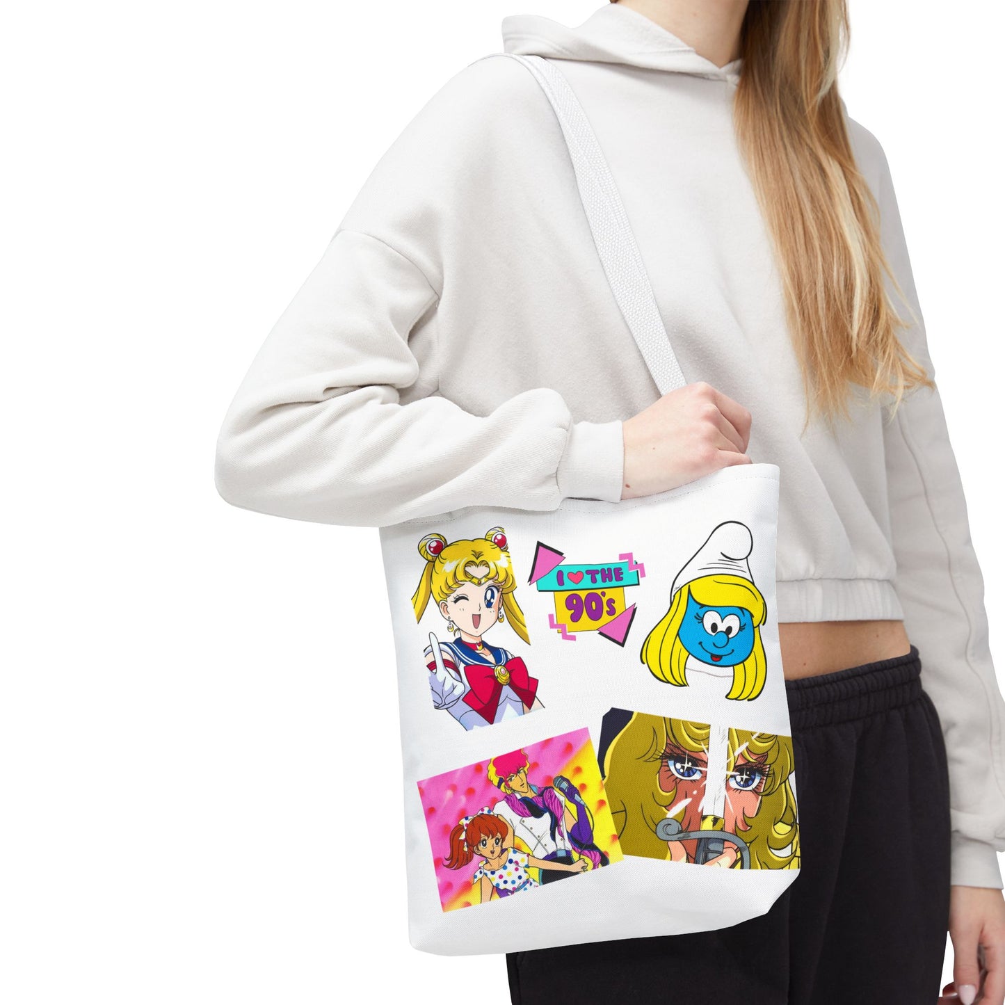 Borsa Tote 90s Anime Collage Tote Bag — Retro Sailor Moon & Cartoon Mashup AOP